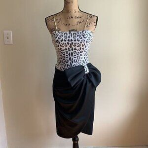 Nadine half wrap black white print dress 5 spaghetti straps and big black bow